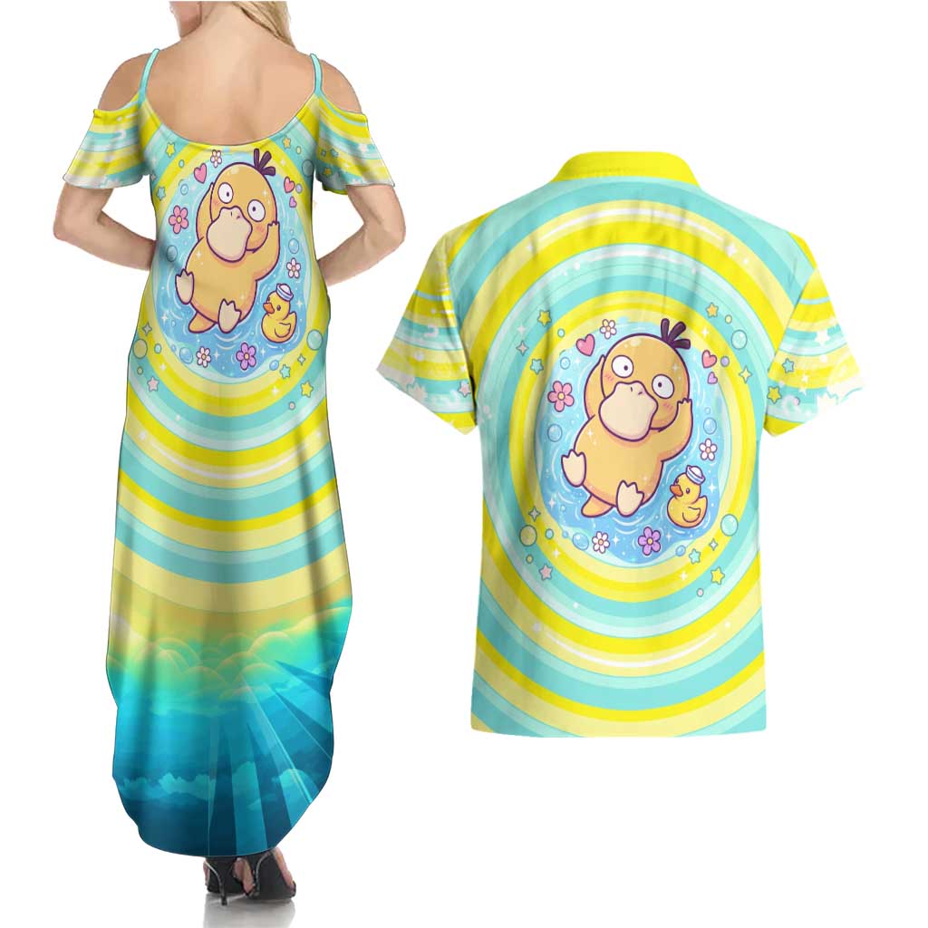 Psyduck Couples Matching Summer Maxi Dress and Hawaiian Shirt Vibrant Kawaii Splash Art