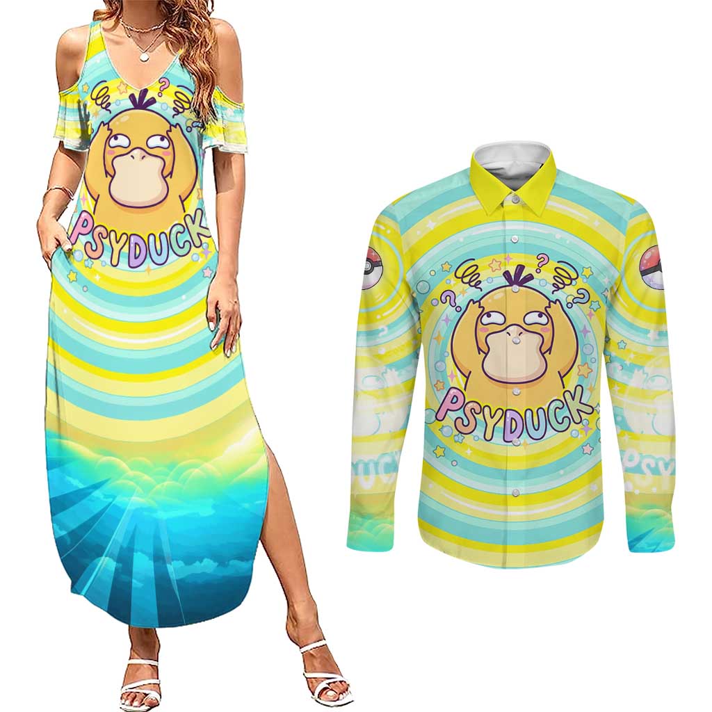 Psyduck Couples Matching Summer Maxi Dress and Long Sleeve Button Shirt Vibrant Kawaii Splash Art
