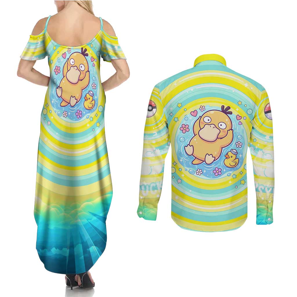 Psyduck Couples Matching Summer Maxi Dress and Long Sleeve Button Shirt Vibrant Kawaii Splash Art
