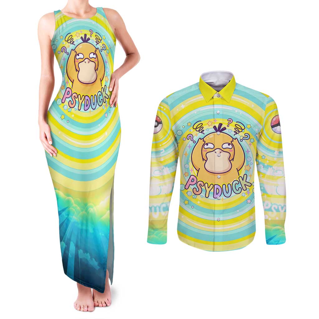 Psyduck Couples Matching Tank Maxi Dress and Long Sleeve Button Shirt Vibrant Kawaii Splash Art
