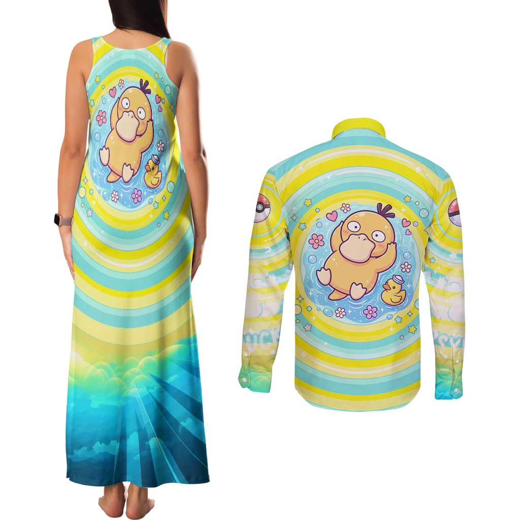 Psyduck Couples Matching Tank Maxi Dress and Long Sleeve Button Shirt Vibrant Kawaii Splash Art