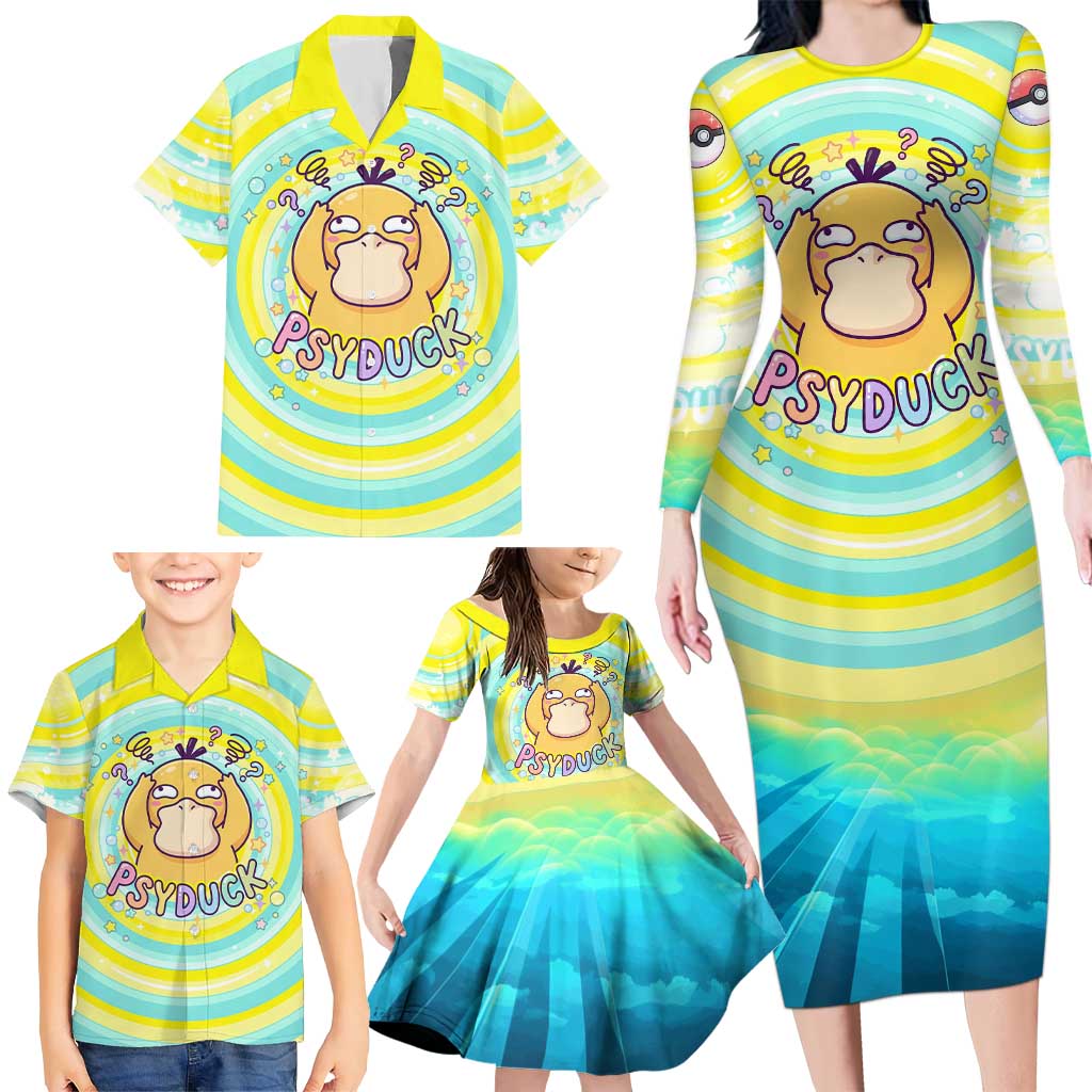 Psyduck Family Matching Long Sleeve Bodycon Dress and Hawaiian Shirt Vibrant Kawaii Splash Art