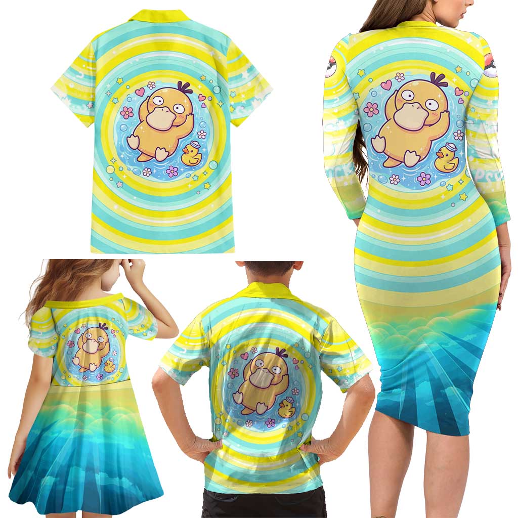 Psyduck Family Matching Long Sleeve Bodycon Dress and Hawaiian Shirt Vibrant Kawaii Splash Art