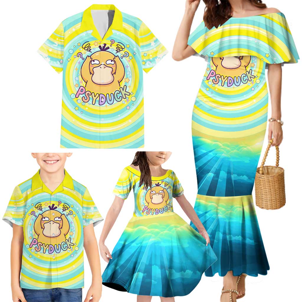Psyduck Family Matching Mermaid Dress and Hawaiian Shirt Vibrant Kawaii Splash Art