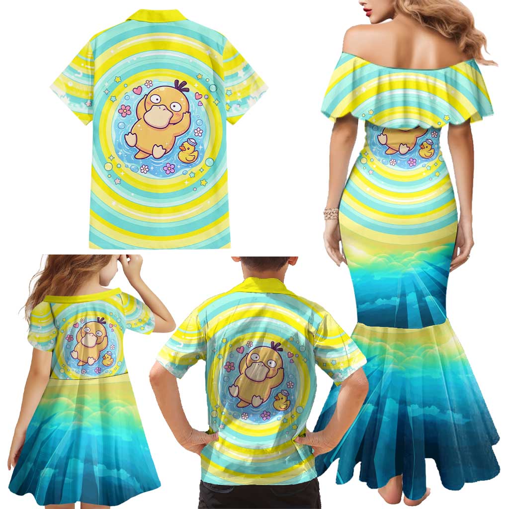 Psyduck Family Matching Mermaid Dress and Hawaiian Shirt Vibrant Kawaii Splash Art