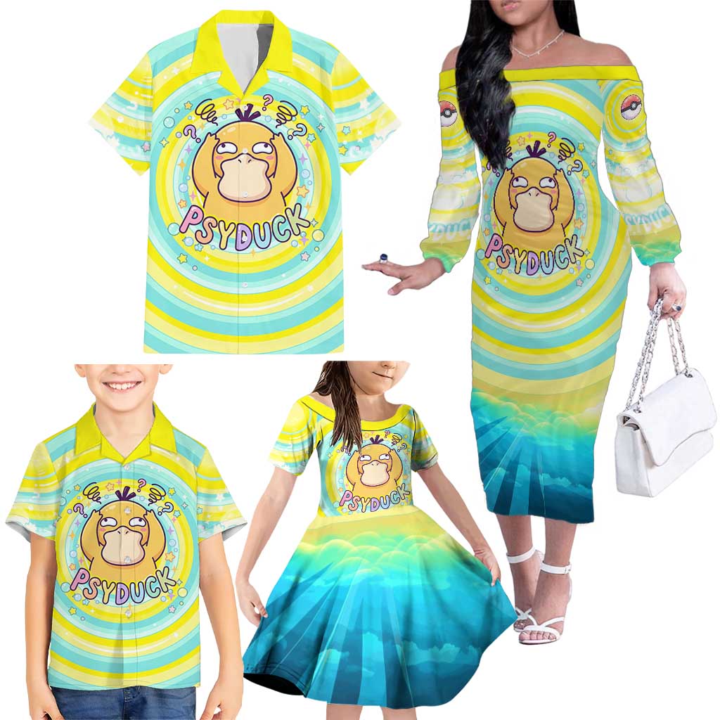 Psyduck Family Matching Off The Shoulder Long Sleeve Dress and Hawaiian Shirt Vibrant Kawaii Splash Art
