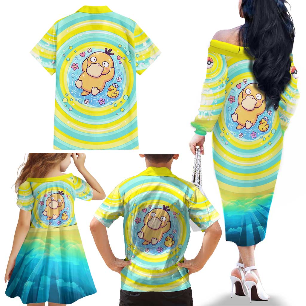 Psyduck Family Matching Off The Shoulder Long Sleeve Dress and Hawaiian Shirt Vibrant Kawaii Splash Art