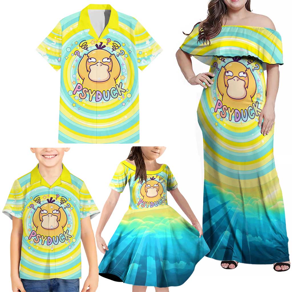 Psyduck Family Matching Off Shoulder Maxi Dress and Hawaiian Shirt Vibrant Kawaii Splash Art