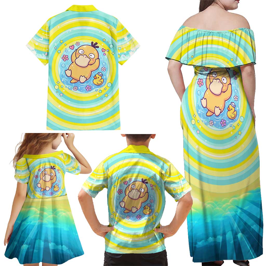 Psyduck Family Matching Off Shoulder Maxi Dress and Hawaiian Shirt Vibrant Kawaii Splash Art