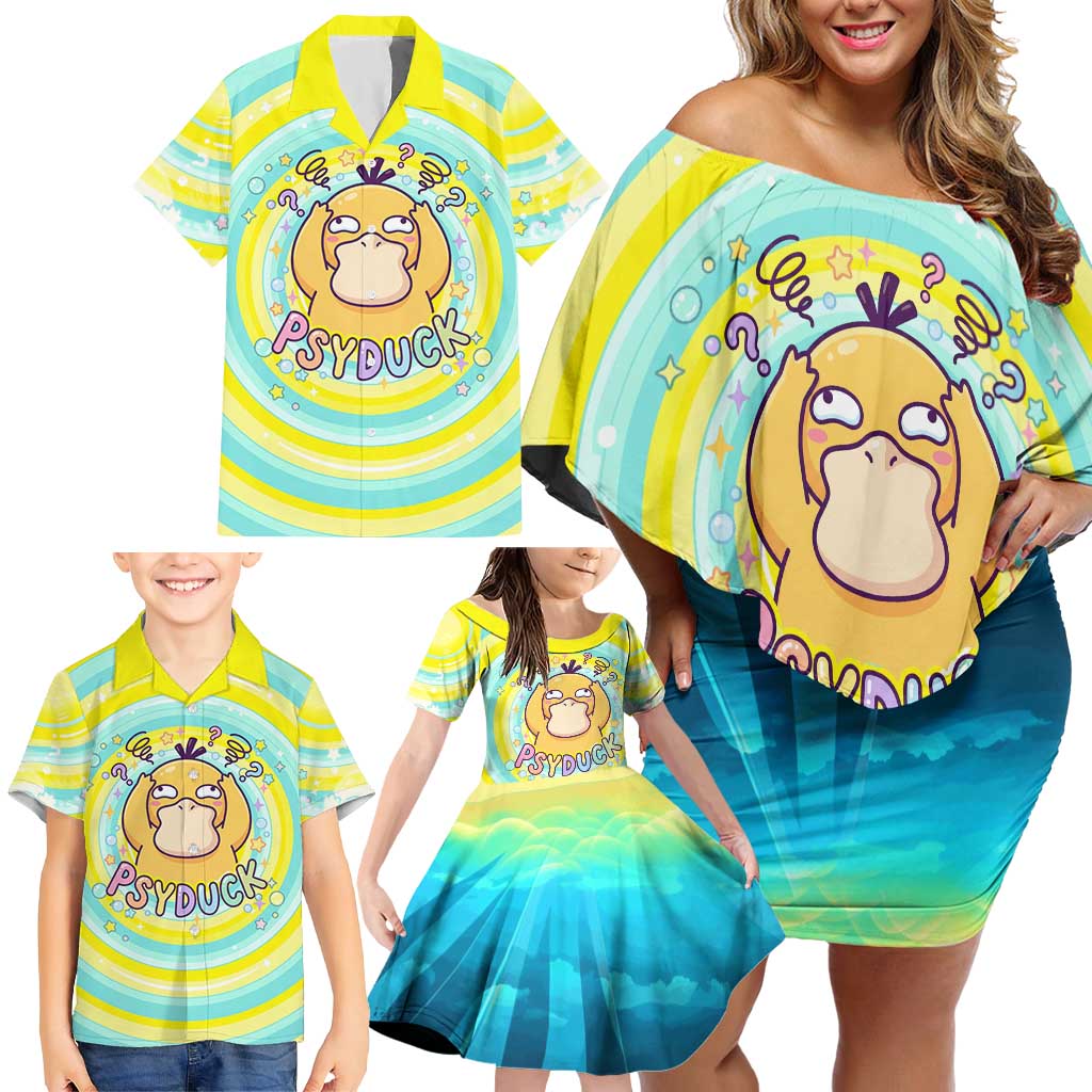 Psyduck Family Matching Off Shoulder Short Dress and Hawaiian Shirt Vibrant Kawaii Splash Art