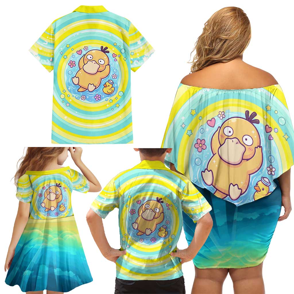 Psyduck Family Matching Off Shoulder Short Dress and Hawaiian Shirt Vibrant Kawaii Splash Art