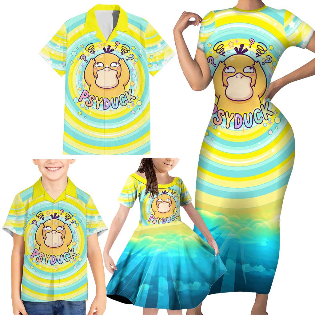 Psyduck Family Matching Short Sleeve Bodycon Dress and Hawaiian Shirt Vibrant Kawaii Splash Art