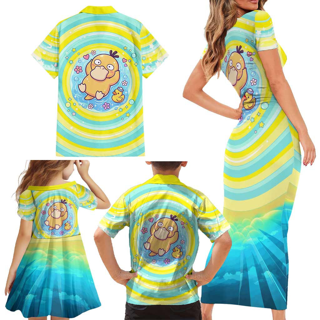 Psyduck Family Matching Short Sleeve Bodycon Dress and Hawaiian Shirt Vibrant Kawaii Splash Art
