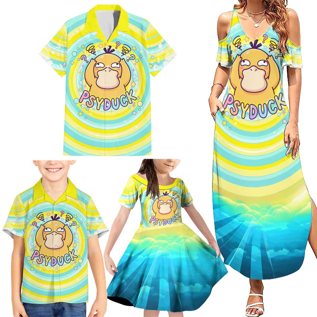 Psyduck Family Matching Summer Maxi Dress and Hawaiian Shirt Vibrant Kawaii Splash Art