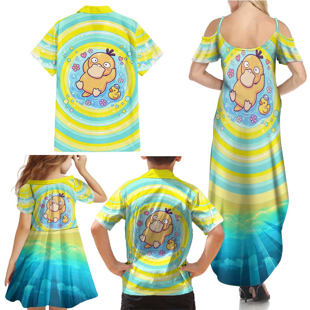 Psyduck Family Matching Summer Maxi Dress and Hawaiian Shirt Vibrant Kawaii Splash Art