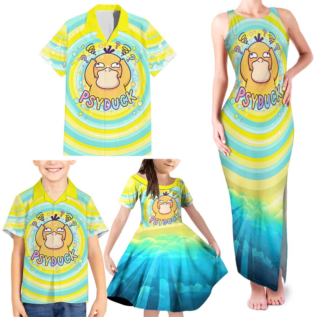 Psyduck Family Matching Tank Maxi Dress and Hawaiian Shirt Vibrant Kawaii Splash Art