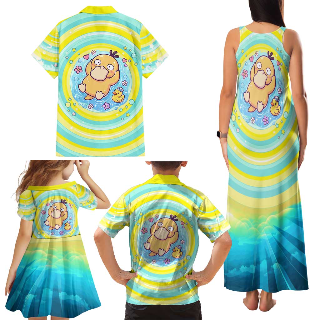 Psyduck Family Matching Tank Maxi Dress and Hawaiian Shirt Vibrant Kawaii Splash Art