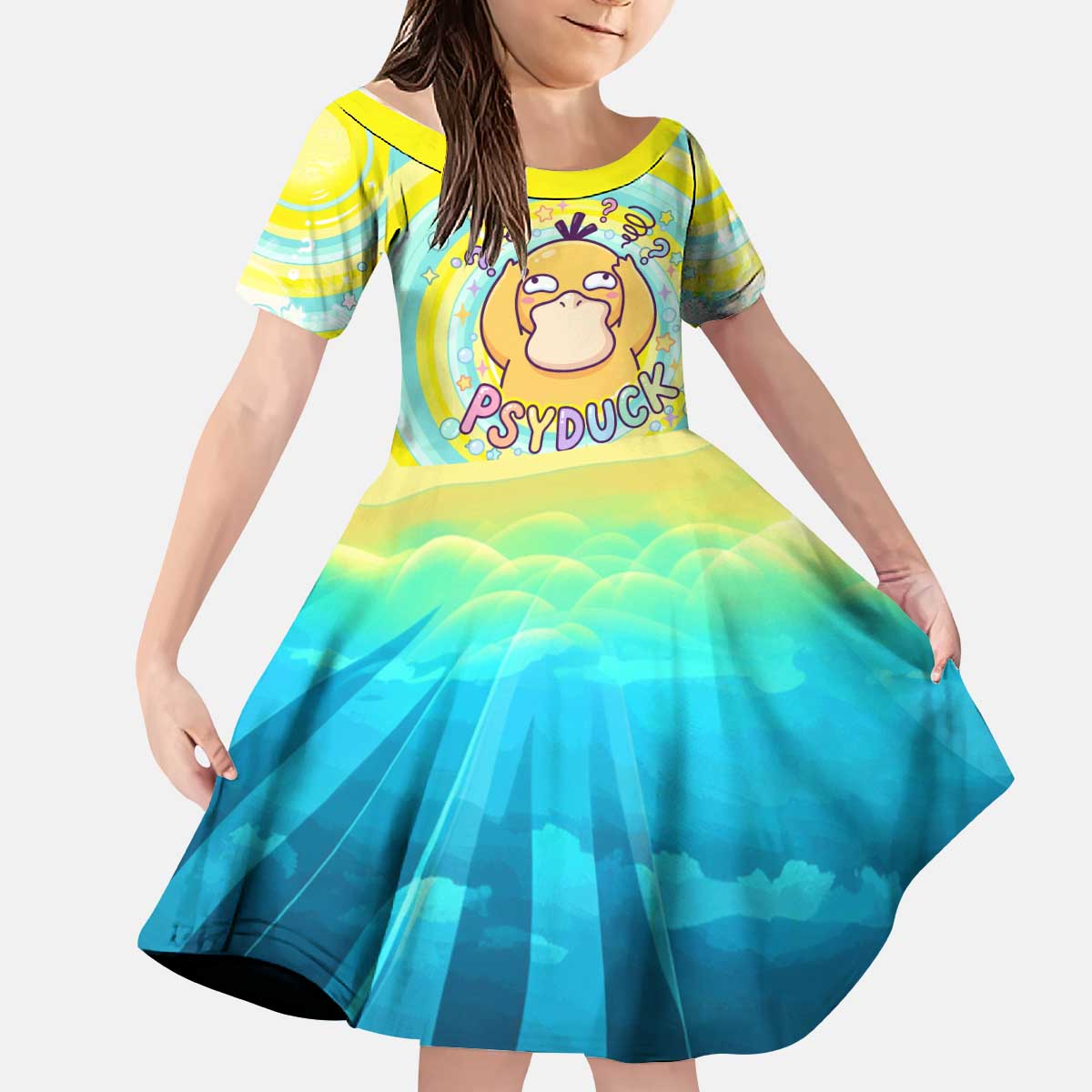 Psyduck Kid Short Sleeve Dress Vibrant Kawaii Splash Art