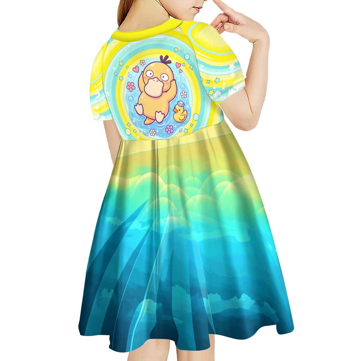 Psyduck Kid Short Sleeve Dress Vibrant Kawaii Splash Art