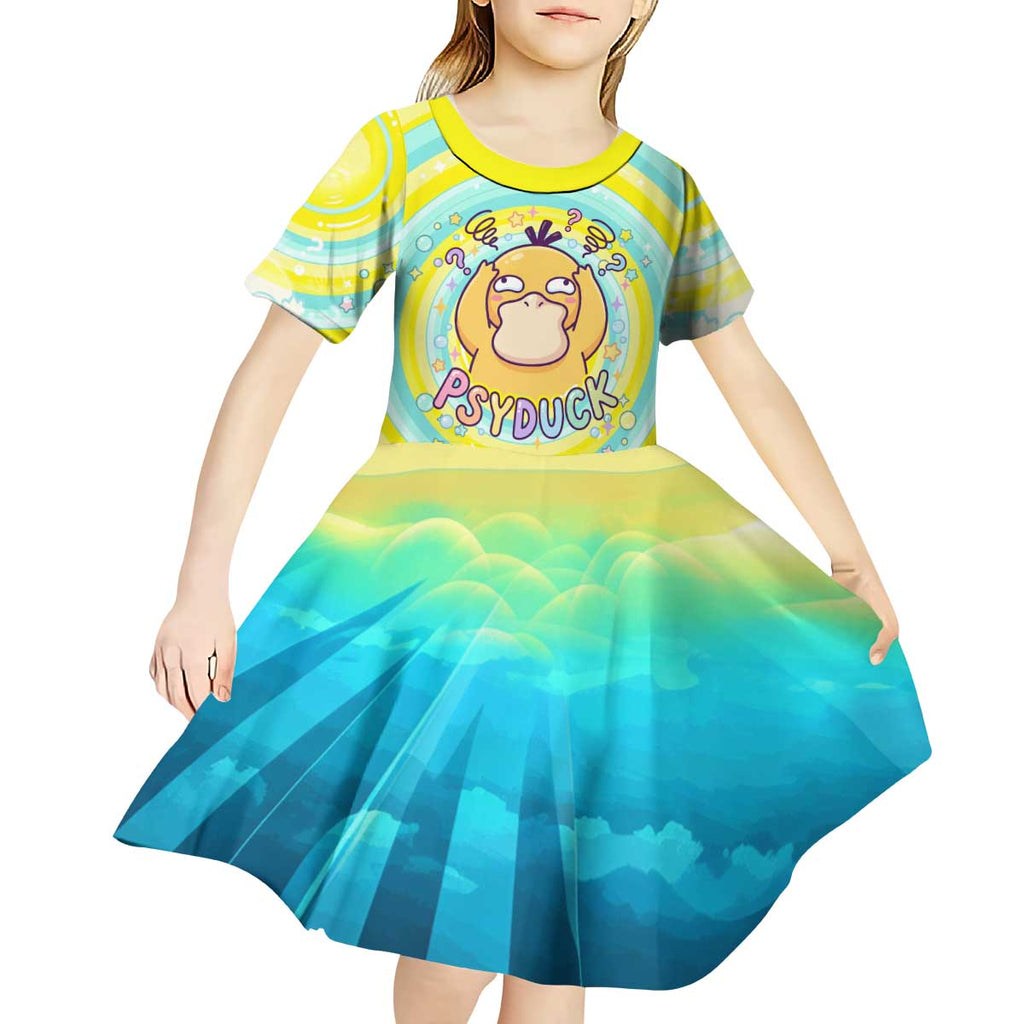 Psyduck Kid Short Sleeve Dress Vibrant Kawaii Splash Art