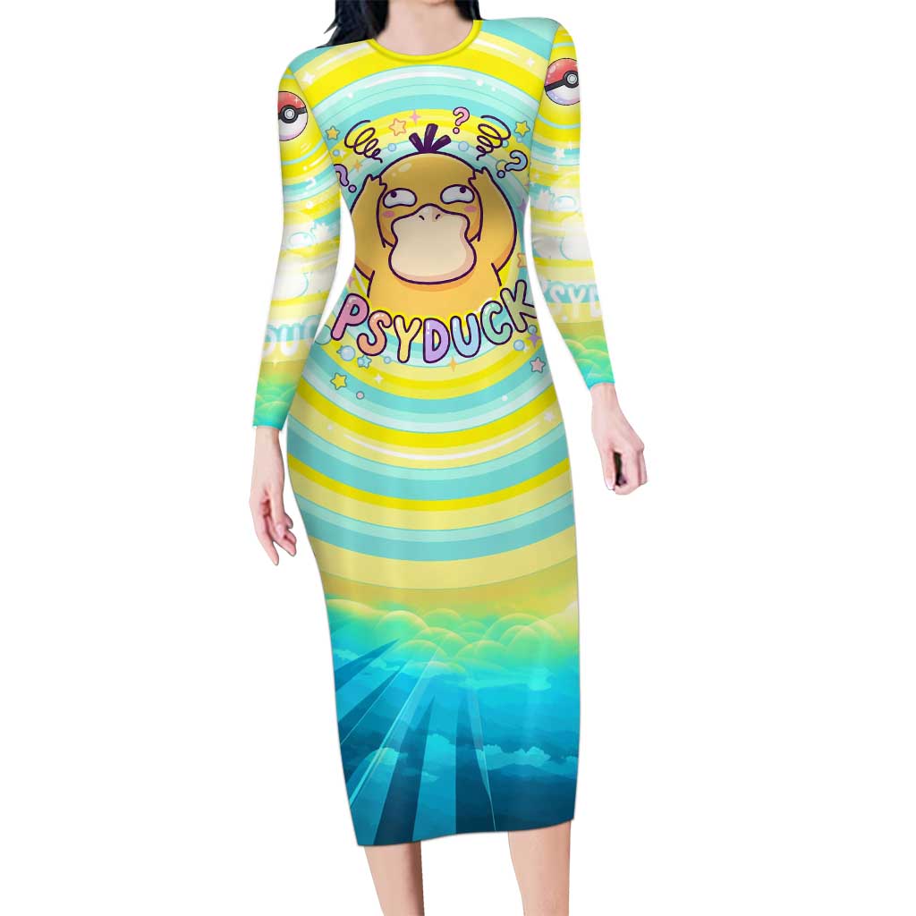Psyduck Long Sleeve Bodycon Dress Vibrant Kawaii Splash Art