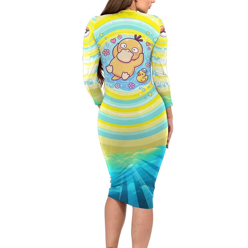 Psyduck Long Sleeve Bodycon Dress Vibrant Kawaii Splash Art