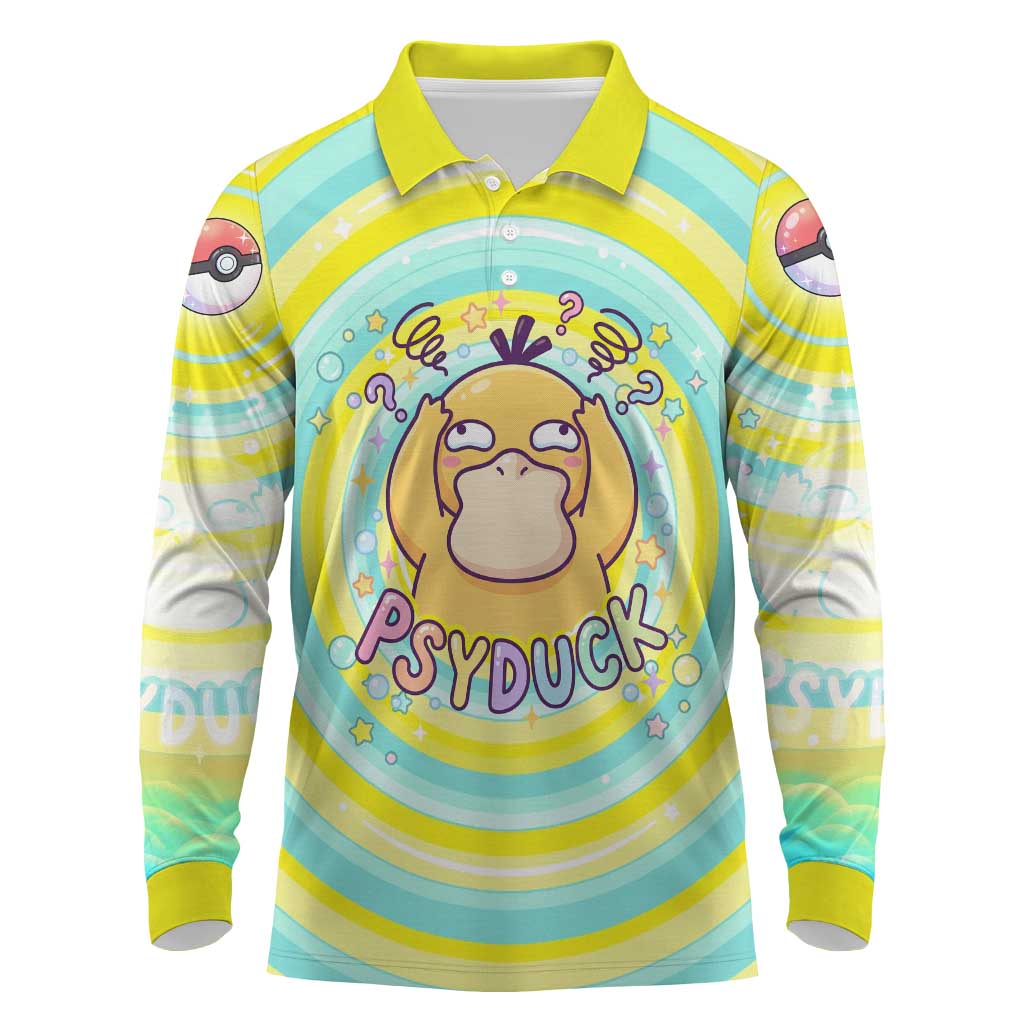 Psyduck Long Sleeve Polo Shirt Vibrant Kawaii Splash Art