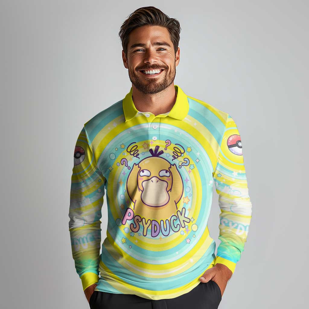 Psyduck Long Sleeve Polo Shirt Vibrant Kawaii Splash Art
