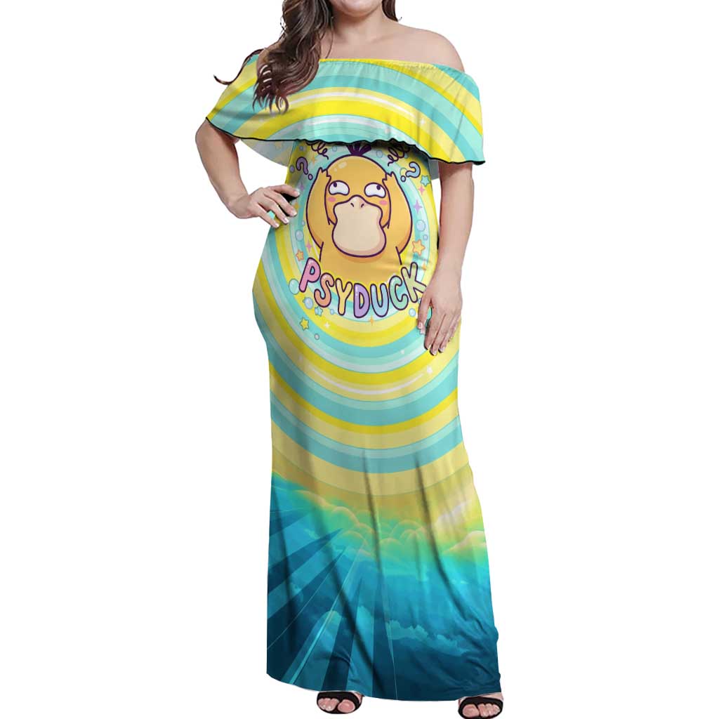 Psyduck Off Shoulder Maxi Dress Vibrant Kawaii Splash Art