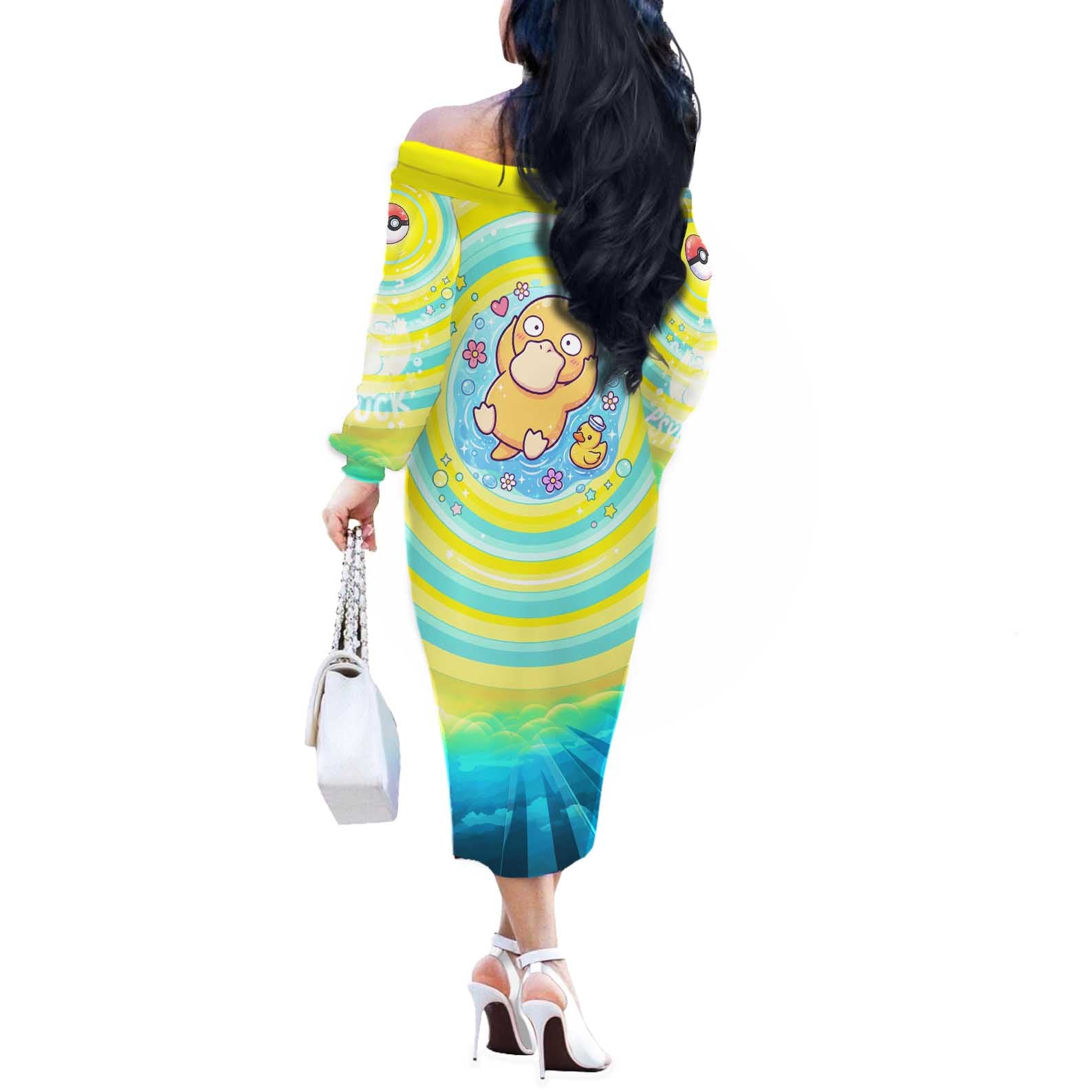 Psyduck Off The Shoulder Long Sleeve Dress Vibrant Kawaii Splash Art