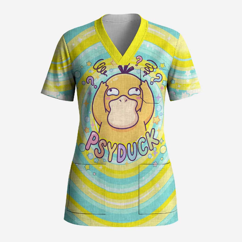 Psyduck Scrub Top Vibrant Kawaii Splash Art