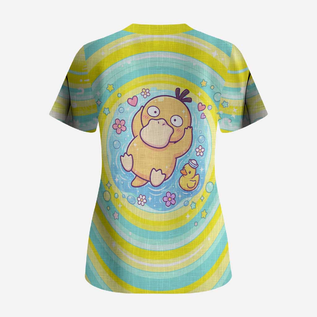 Psyduck Scrub Top Vibrant Kawaii Splash Art