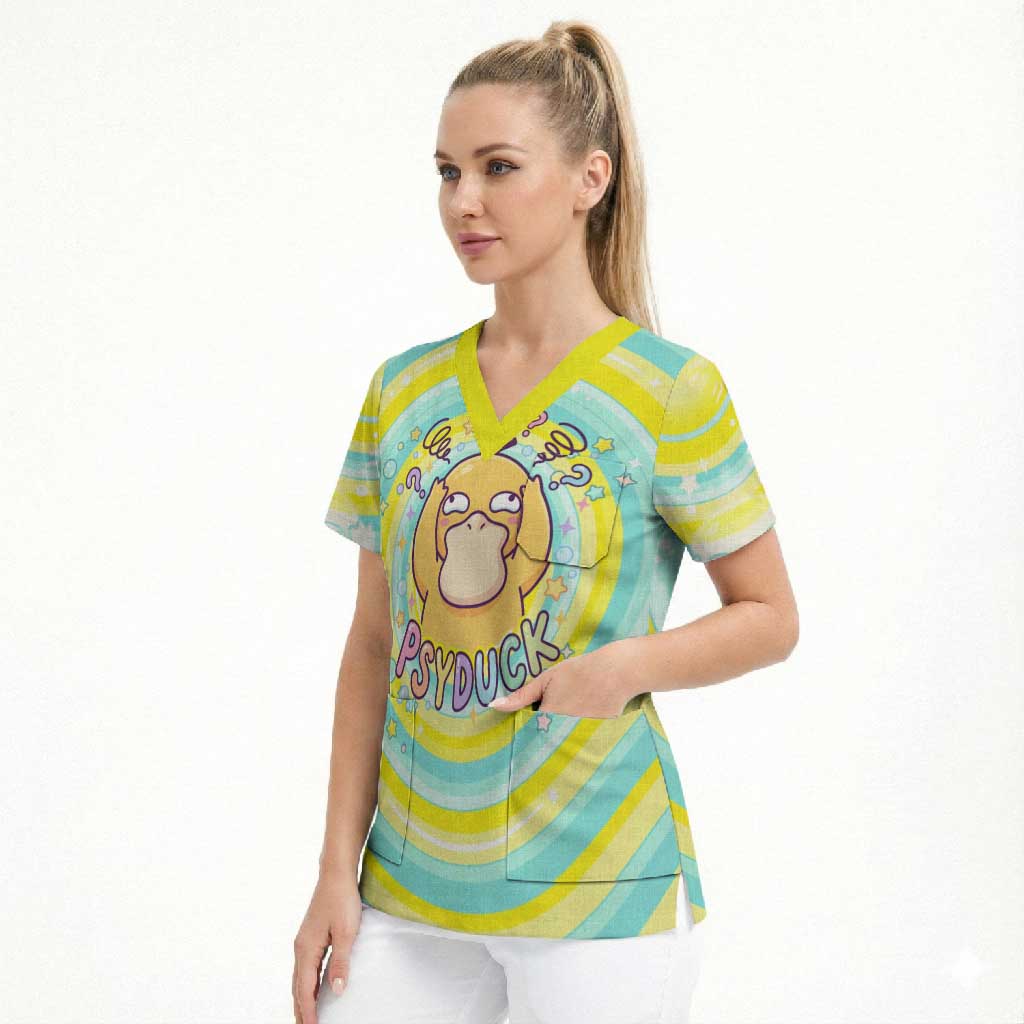 Psyduck Scrub Top Vibrant Kawaii Splash Art