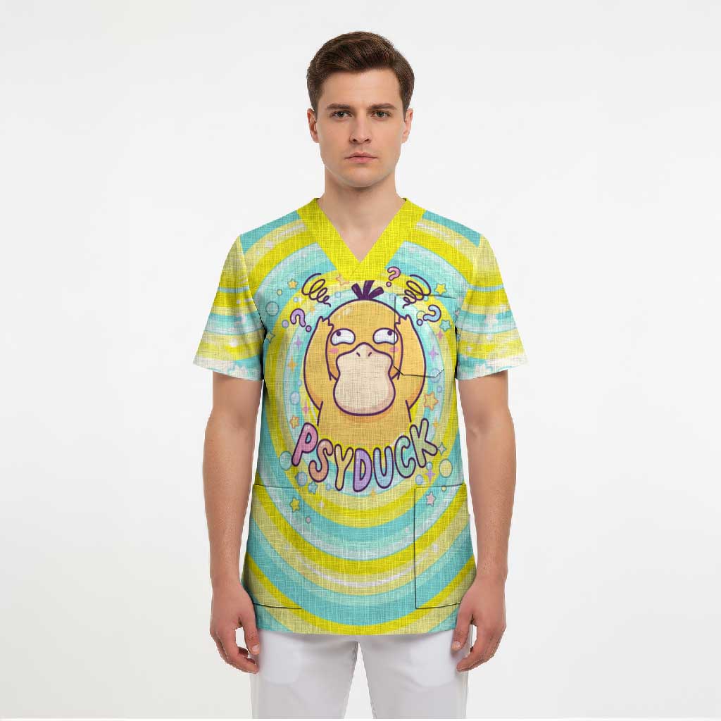 Psyduck Scrub Top Vibrant Kawaii Splash Art