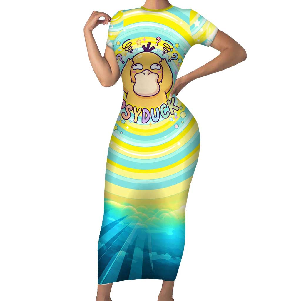 Psyduck Short Sleeve Bodycon Dress Vibrant Kawaii Splash Art