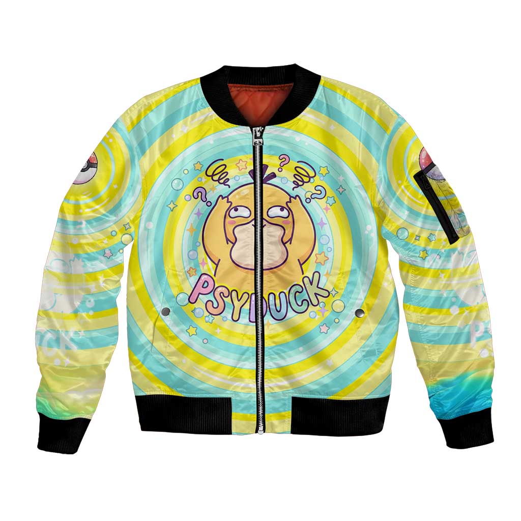 Psyduck Sleeve Zip Bomber Jacket Vibrant Kawaii Splash Art