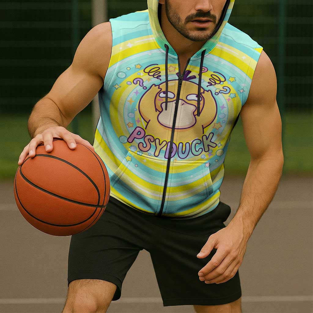 Psyduck Sleeveless Zip Hoodie Vibrant Kawaii Splash Art