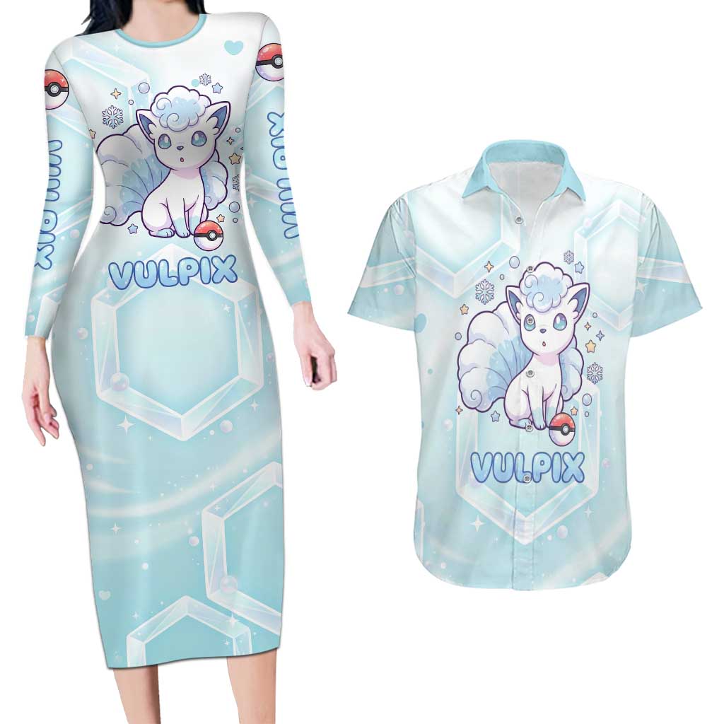 Vulpix Couples Matching Long Sleeve Bodycon Dress and Hawaiian Shirt Frosted Pastel Ice Crystal Art