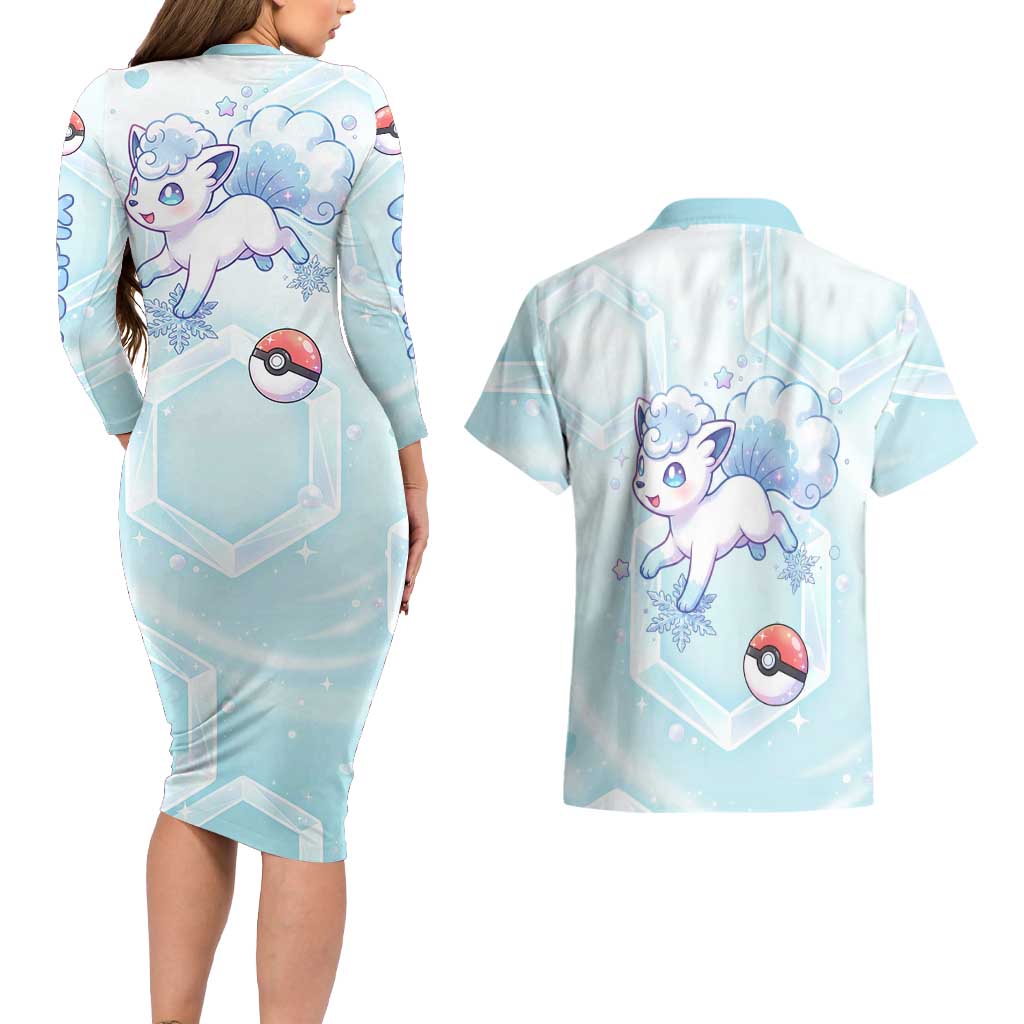 Vulpix Couples Matching Long Sleeve Bodycon Dress and Hawaiian Shirt Frosted Pastel Ice Crystal Art