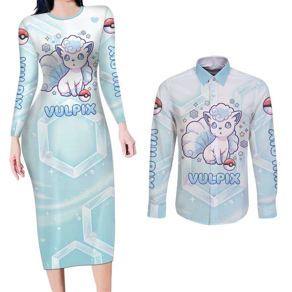 Vulpix Couples Matching Long Sleeve Bodycon Dress and Long Sleeve Button Shirt Frosted Pastel Ice Crystal Art