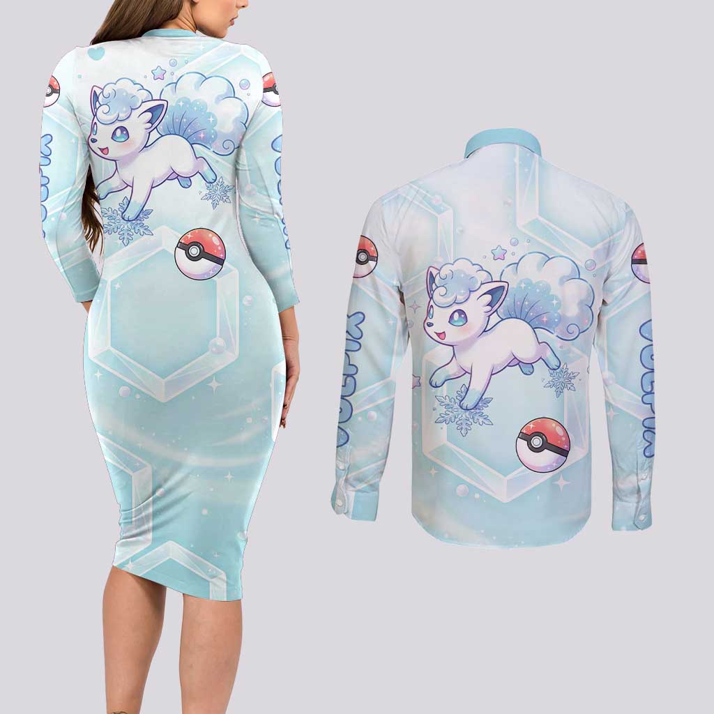 Vulpix Couples Matching Long Sleeve Bodycon Dress and Long Sleeve Button Shirt Frosted Pastel Ice Crystal Art