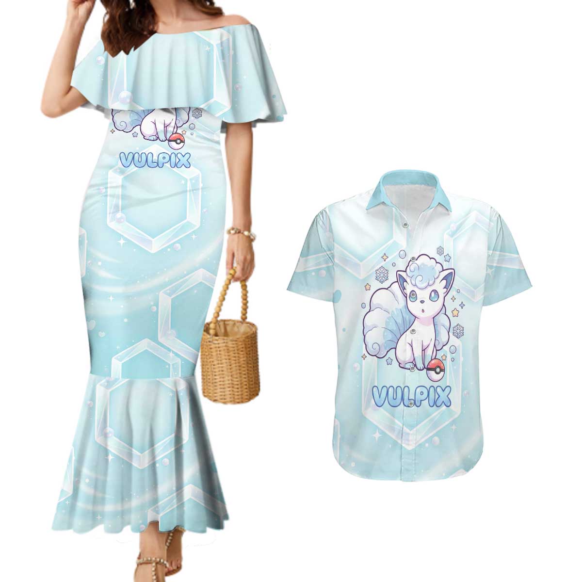 Vulpix Couples Matching Mermaid Dress and Hawaiian Shirt Frosted Pastel Ice Crystal Art