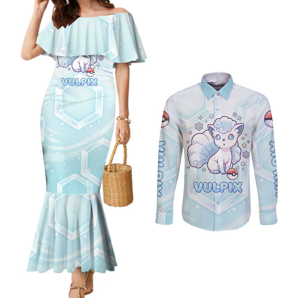 Vulpix Couples Matching Mermaid Dress and Long Sleeve Button Shirt Frosted Pastel Ice Crystal Art