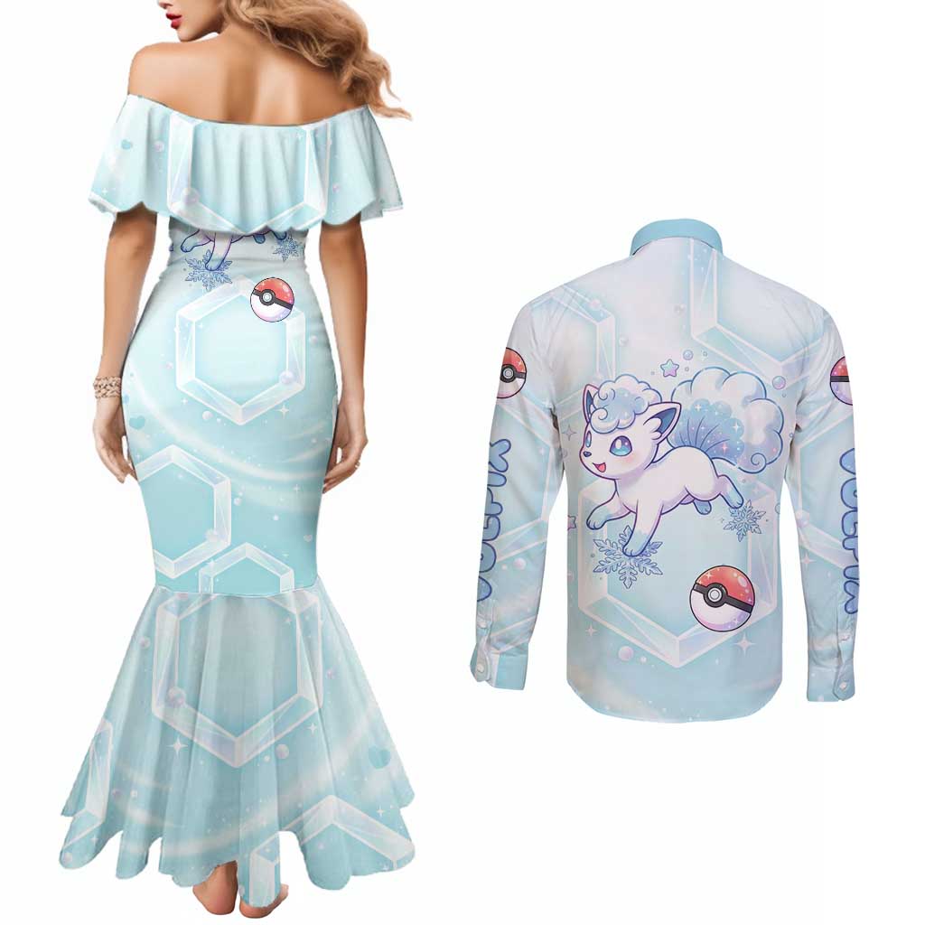 Vulpix Couples Matching Mermaid Dress and Long Sleeve Button Shirt Frosted Pastel Ice Crystal Art