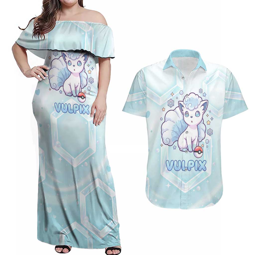 Vulpix Couples Matching Off Shoulder Maxi Dress and Hawaiian Shirt Frosted Pastel Ice Crystal Art