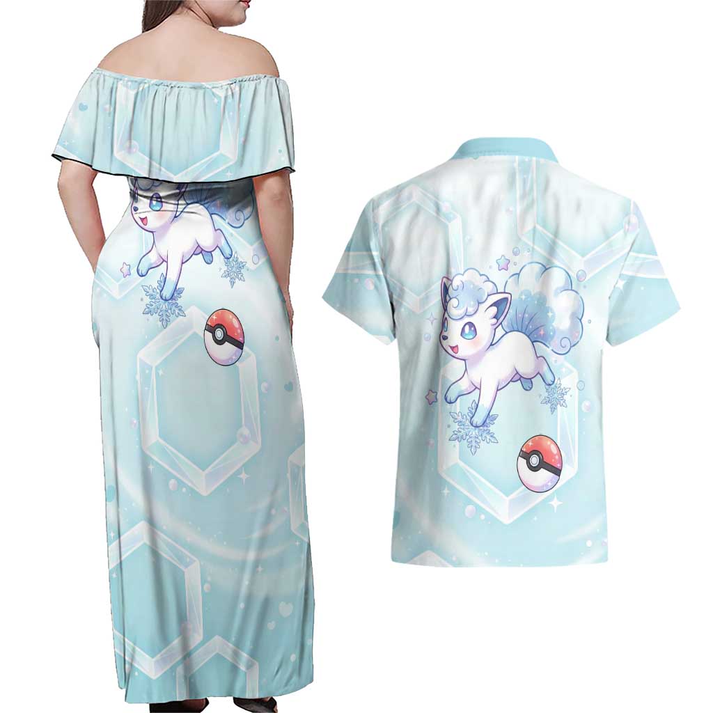 Vulpix Couples Matching Off Shoulder Maxi Dress and Hawaiian Shirt Frosted Pastel Ice Crystal Art