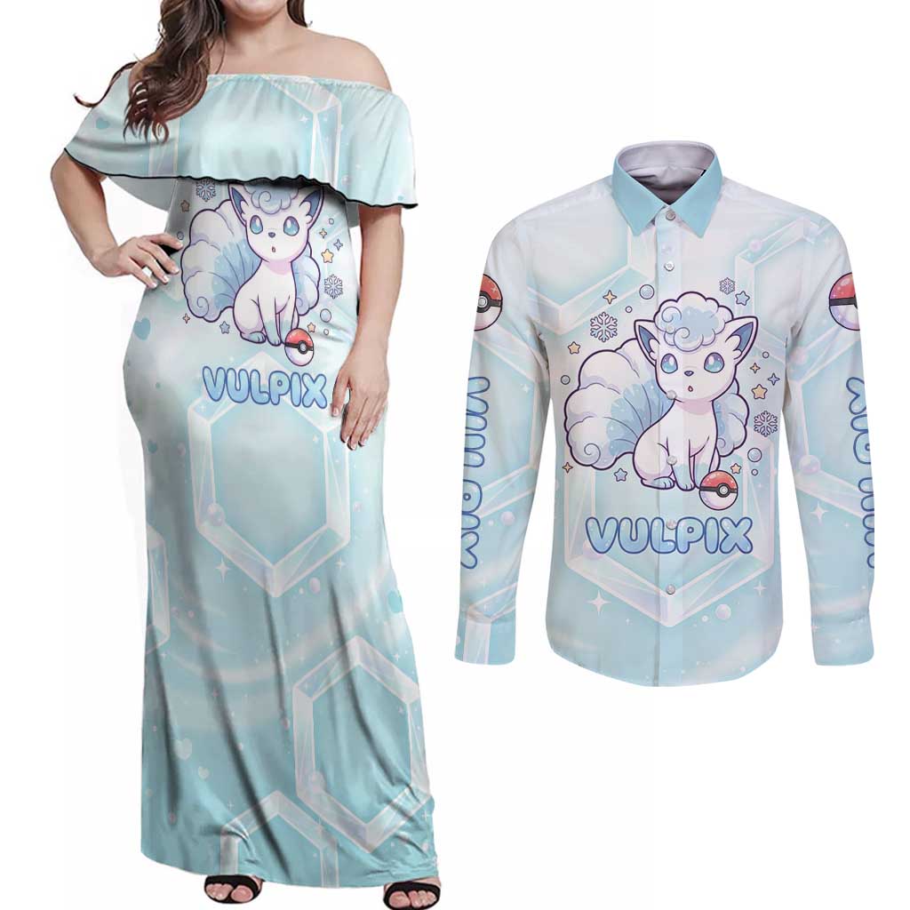 Vulpix Couples Matching Off Shoulder Maxi Dress and Long Sleeve Button Shirt Frosted Pastel Ice Crystal Art