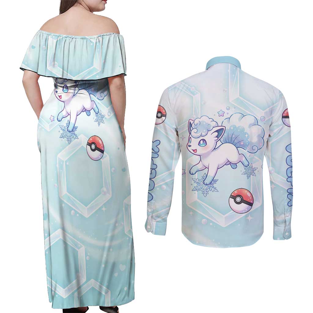 Vulpix Couples Matching Off Shoulder Maxi Dress and Long Sleeve Button Shirt Frosted Pastel Ice Crystal Art