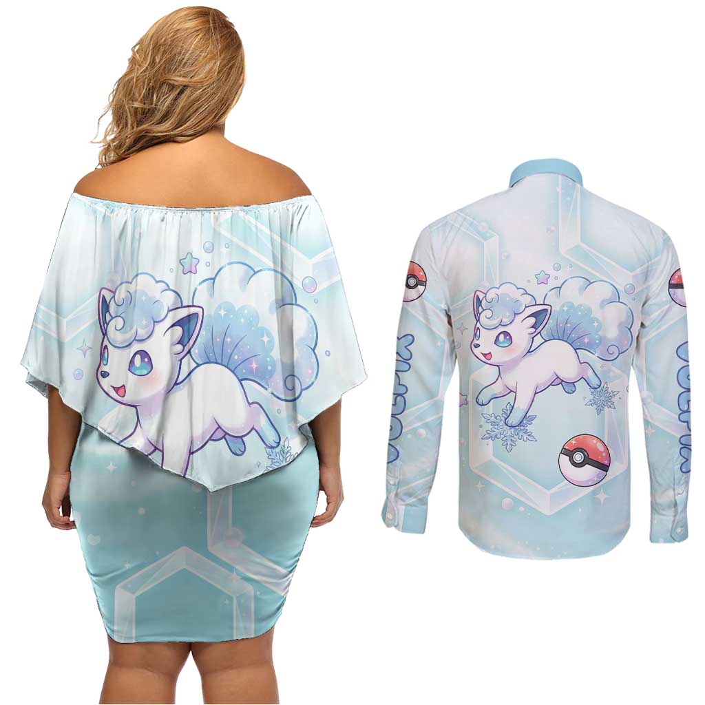 Vulpix Couples Matching Off Shoulder Short Dress and Long Sleeve Button Shirt Frosted Pastel Ice Crystal Art