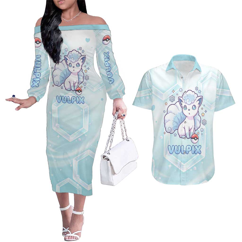 Vulpix Couples Matching Off The Shoulder Long Sleeve Dress and Hawaiian Shirt Frosted Pastel Ice Crystal Art